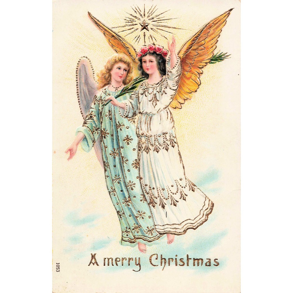Christmas Postcard Two Angels Guiding Star Gold Wings 1053 Embossed Antique